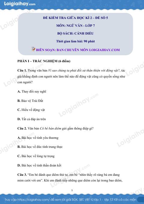 Đề thi giữa kì 2 Văn 6 Cánh diều - Đề số 5